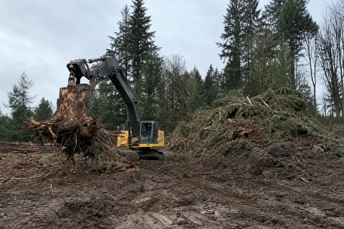 Excavator clearing trees and stumps on a wooded lot in Beaverton, OR